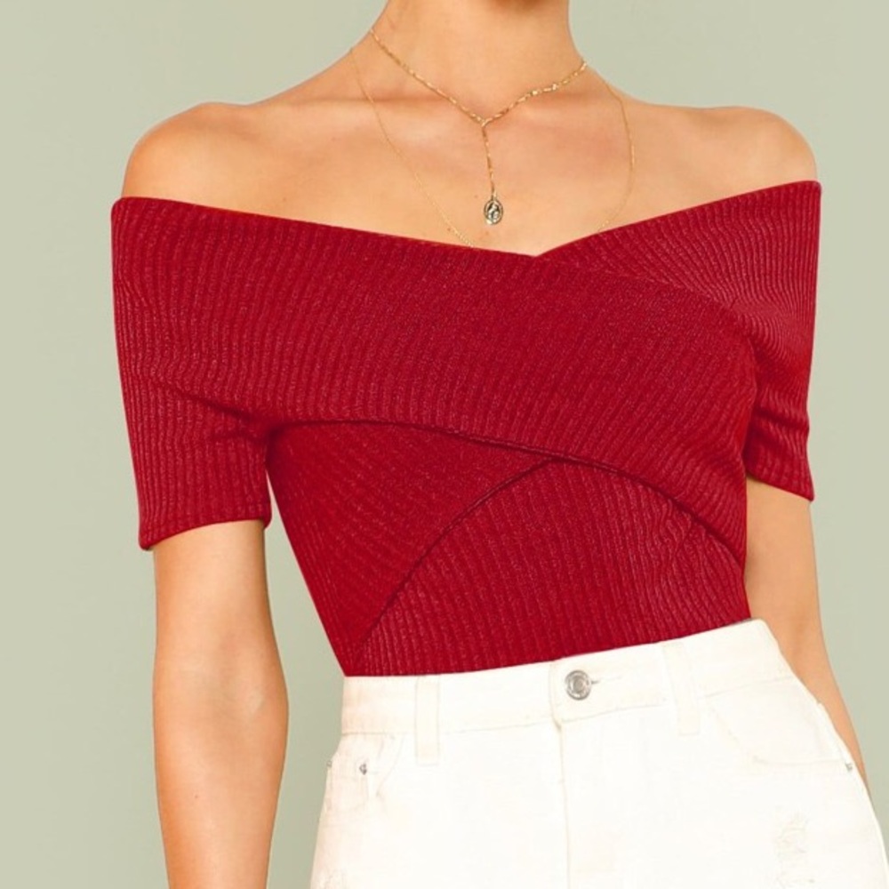 SHEIN Cross Over Bardot Ribbed Crop Top